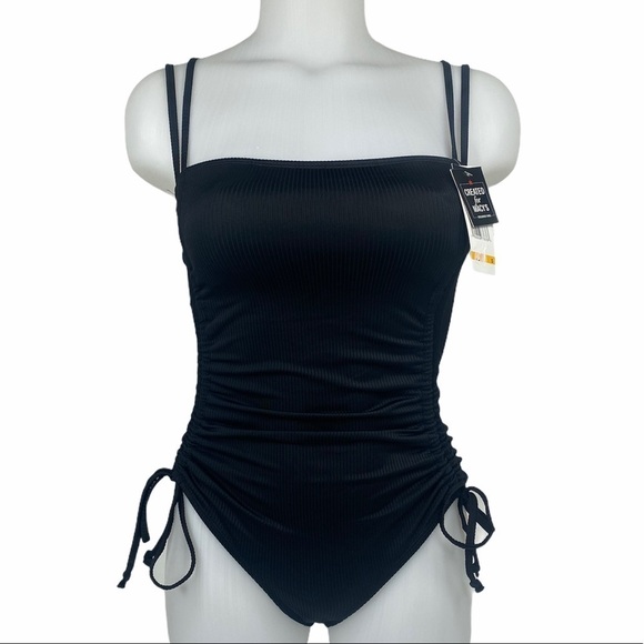 CALIFORNIA Waves Black Ribbed Side Tie Swimsuit - Picture 2 of 10